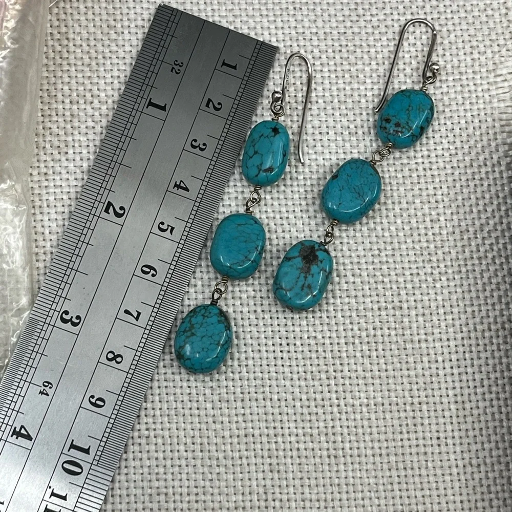 Sally C Treasures SX Sterling Silver Turquoise Dangle Earrings 925 Estate - Picture 9 of 17